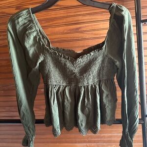 American Eagle Outfitters Forest Green Smocked Blouse